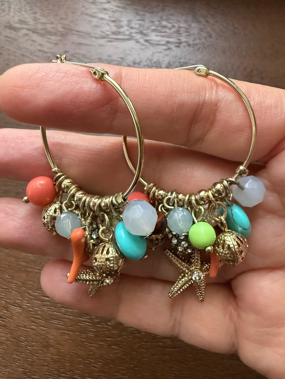 Gold Hoop Earrings with Starfish and Coral Charms - Picture 2 of 5
